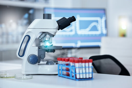 Science, blood sample and microscope in laboratory for research, DNA testing and examination. Healthcare, biotechnology and medical equipment for vaccine development, analysis and medicine discovery