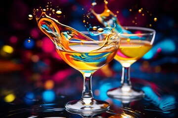 A close-up shot of a festive drink with a mesmerizing liquid swirl, reflecting the vibrant colors of New Year's Eve celebration