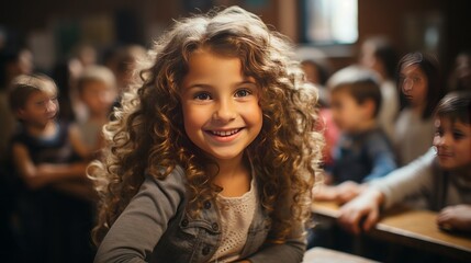 Portrait of smiling little girl with curly hair looking at camera in classroom. Generative Ai. 