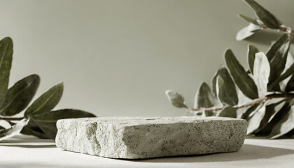 podium for your product, showcase, marble stone on a table in sage and light gray colors