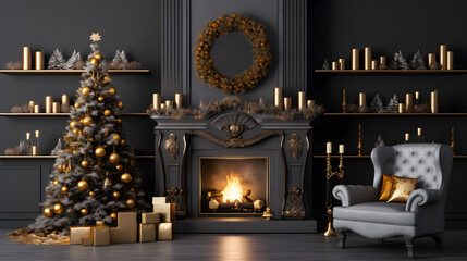 3d christmas fireplace with christmas tree and stockings, in the style of vintage atmosphere, dark gold and gray, modern