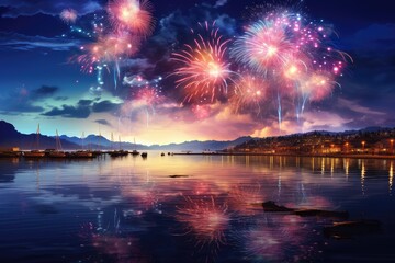 Aerial view of colorful fireworks over lake or river in a summer evening. Fireworks reflect from water. Beautiful festive scene. New Year and Christmas celebration - obrazy, fototapety, plakaty