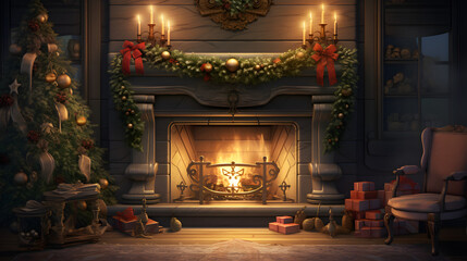 beautiful christmas fireplace 3d renderings, in the style of uhd image, american tonalism, oil on canvas, dark gray and gold, cartoonish elements - obrazy, fototapety, plakaty