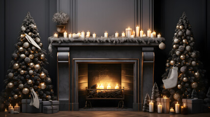 holiday scene with mantel fireplace christmas tree, in the style of photorealistic, dark gray, wood, dark gray and bronze, lightbox