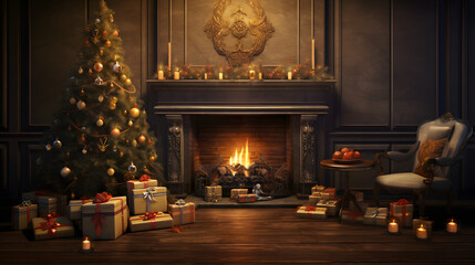 christmas tree standing in front of a fireplace and christmas presents, in the style of photo-realistic landscapes, photorealistic rendering, cabincore, dark gold and gray, trompe l’oeil