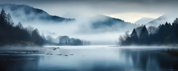 Wall murals Reflection Beautiful lake or sea in misty morning. Forest and clouds are reflected in the calm water surface. Norwegian landscape with dark forest and lake among low clouds. Nature, ecology, eco tourism