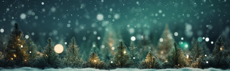 season greetings concept with blurry snowy pine trees and lights. Generative AI - obrazy, fototapety, plakaty