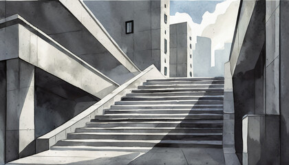 stairs in the office building aquarelle painting