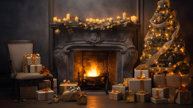 christmas fireplace with presents, in the style of realistic, detailed rendering, dark gold and gray, softbox lighting, american scene painting