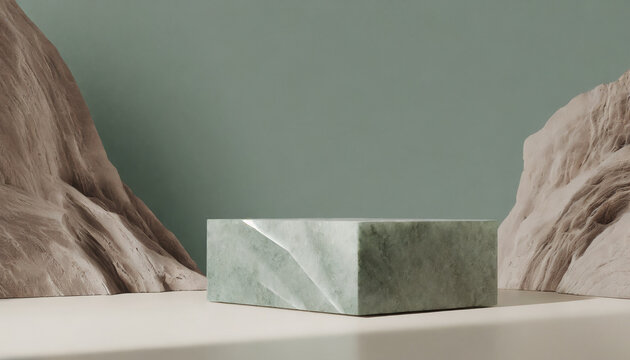 pastel sage and beige stones on a table in sunlight from a window podium for your product, food, cosmetics, galanterie, flovers 