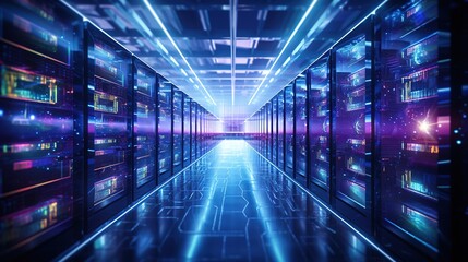 Fototapeta premium Data Center Server Room. Network Communication, Colorful Neon Server Racks, and Telecommunication Equipment. Ai generative