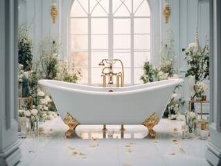 Luxurious bathroom with bathtube in the middle 