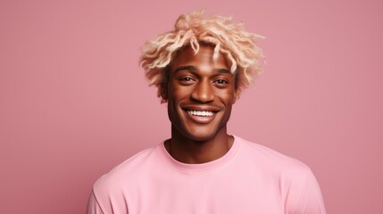 Portrait of African man with short blond hair on a pastel pink background