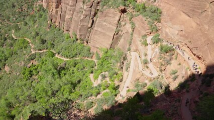  A group of hikers walking up to the top of  Angel's landing in Zion National Park
