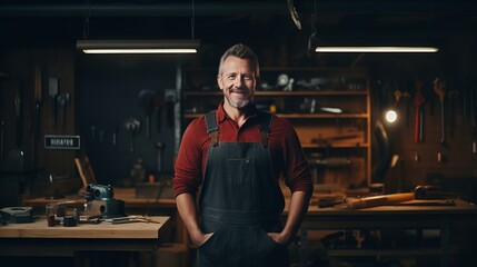 Fototapeta na wymiar Portrait of male carpenter standing in workshop and smiling at camera. Generative Ai.