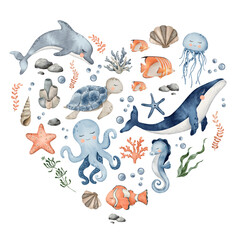 Underwater Animals heart design. Cute undersea composition in circle with whale, dolphin, octopus, seahorse, jellyfish, turtle, clownfish, shells, algae, corals and bubbles. Hand drawn watercolor © Daryartsy