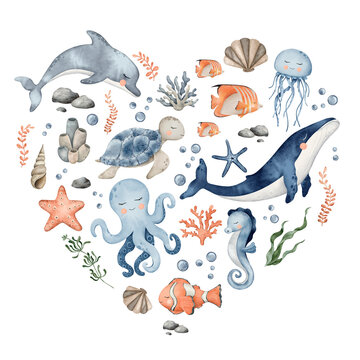 Underwater Animals heart design. Cute undersea composition in circle with whale, dolphin, octopus, seahorse, jellyfish, turtle, clownfish, shells, algae, corals and bubbles. Hand drawn watercolor