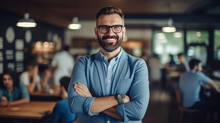 Fototapeta premium Portrait of confident mature businessman standing with arms crossed in modern office. Generative ai. 