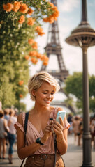 Fototapeta premium Junge Frau auf Europareise macht ein selfie, generated image