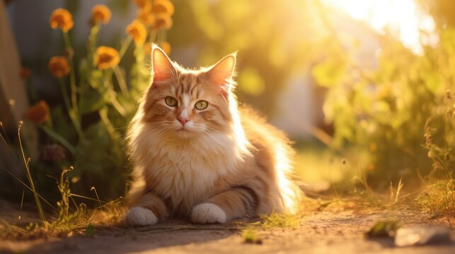 The cute cat. Blurred sunny summer background. Pretty happy cat