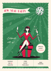 Night club retro New Year party invitation. New year poster in vintage style. 60s - 70s style Christmas poster with woman character in red coctail dress with champagne sitting on a gift box.