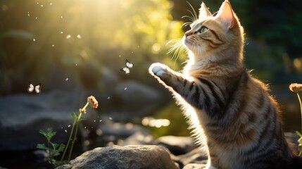The cat catches a butterfly with its paw. Blurred sunny background