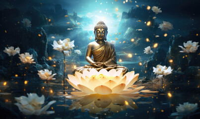 Glowing golden buddha decorated with lotuses and colorful flowers - obrazy, fototapety, plakaty