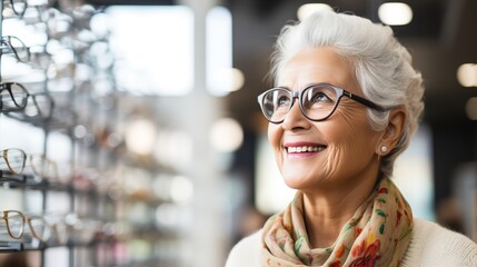 An elderly woman chooses glasses at an optician. Generative AI - obrazy, fototapety, plakaty