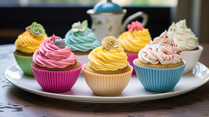 Cupcakes decorated with different coloured buttercream