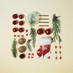Creative arrangement of Christmas decoration on light background. Holiday concept. Flat lay.
