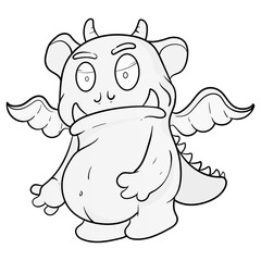 Handdrawn doodle coloring page Cute Monster Comic halloween joyful monster characters kids cartoon character design for poster, baby products logo and packaging design.
