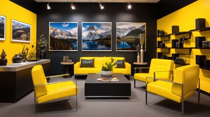 Travel agency office in yellow and black colors. Interior design