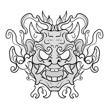 Black and white monster dragon head fantasy illustration coloring pages drawing line