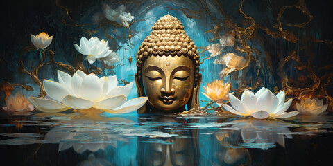 Glowing golden buddha decorated with lotuses and colorful flowers - obrazy, fototapety, plakaty