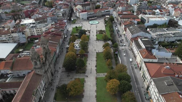 Aerial drone reveal of historic city of Braga in northern Portugal
