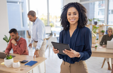 Office portrait, black woman and tablet for management, business research and startup leadership. Happy manager, employees or person with tech goals for Human Resources and company workflow