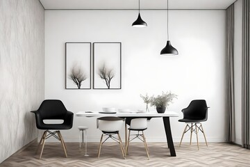 Interior design two black and white chairs and table on white wall with pending lamp