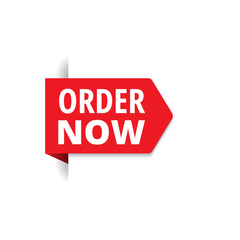 Red order now label in modern style on white background. Banner promotion.