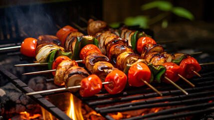 Tomato and mushroom skewers and green peppers.