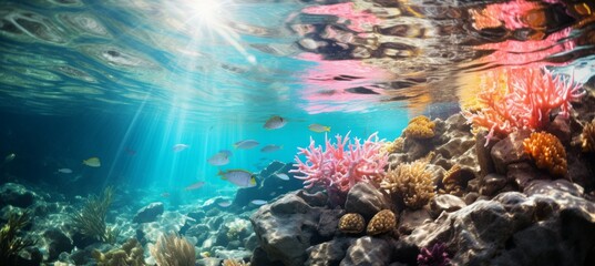 Shiny underwater sea reef coral background. Generative AI technology.	
