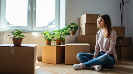 Woman packs things in a cardboard box in room. Moving to a new apartment