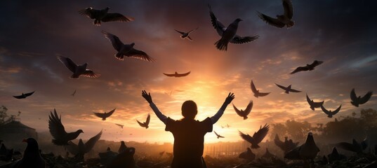 Fototapeta na wymiar Silhouette person and flying dove bird. Holy spirit heaven religion faith concept. Generative AI technology. 