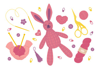 Knitted rabbit toy surrounded by knitting hobby accessories. Flat style illustration of tools for handmade