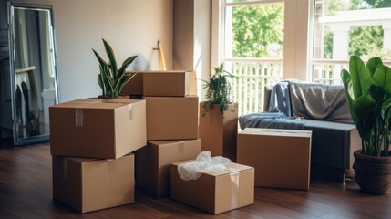 Cardboard boxes with things are stacked. The concept of moving to a new home.