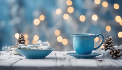 Obraz na płótnie Canvas Beautiful Blue Winter Blurred Background with Shabby Table