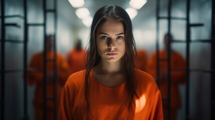 Woman prisoner in an orange robe. Blurry prison cell in the background