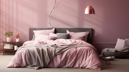 HD-captured image of a bed featuring inviting pillows in a soft, muted pink shade, creating a serene atmosphere.