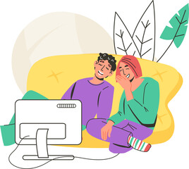 People laughing watching comedy movie. Man and woman sitting on couch together and watching funny movie or TV show.