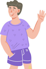 Happy child standing waving hands. Smiling little boy in casual clothing with greeting hand gesture.