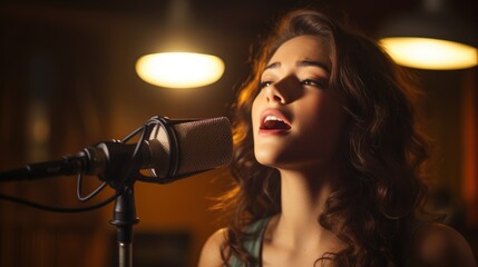 Woman singing into a microphone in a vocal studio. Recording a song - obrazy, fototapety, plakaty